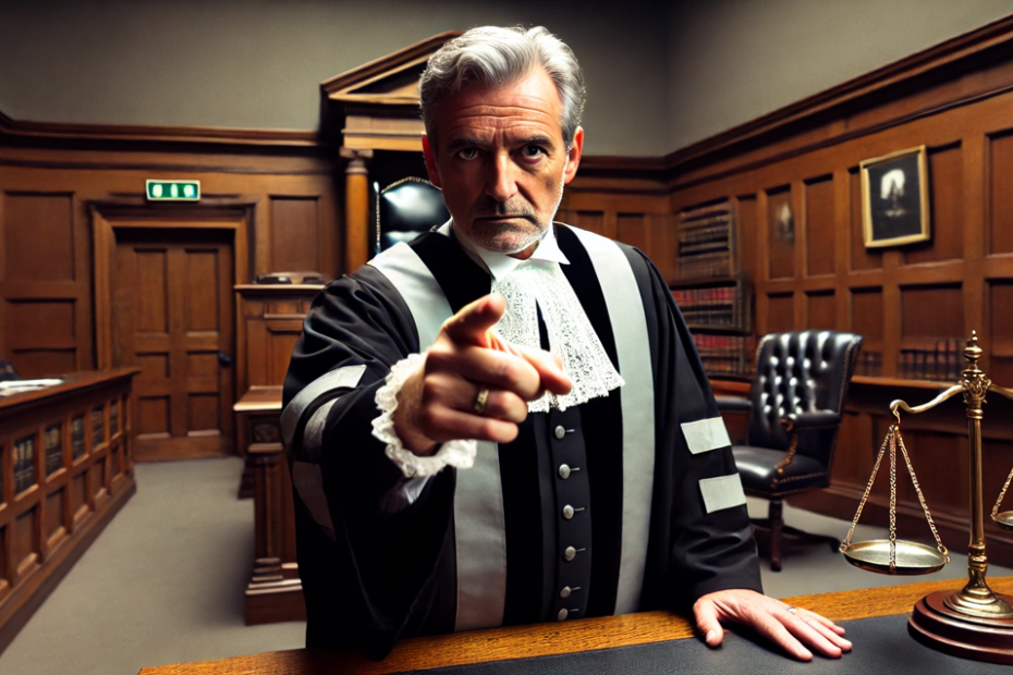 A stern looking judge is pointing at the viewer.