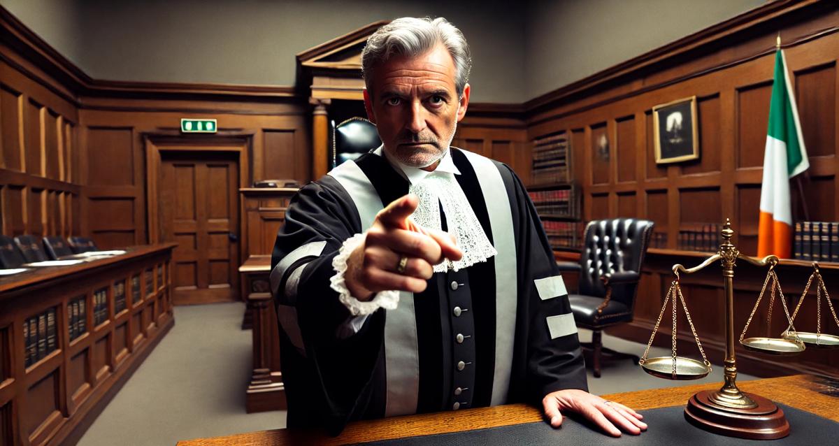 A stern looking judge is pointing at the viewer.